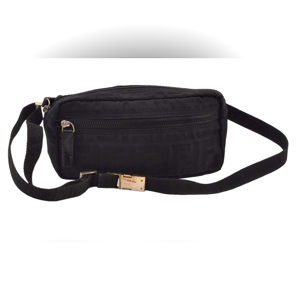 Authentic FENDI Zucca FF Waist Body Bag Purse Nylon Leather Black